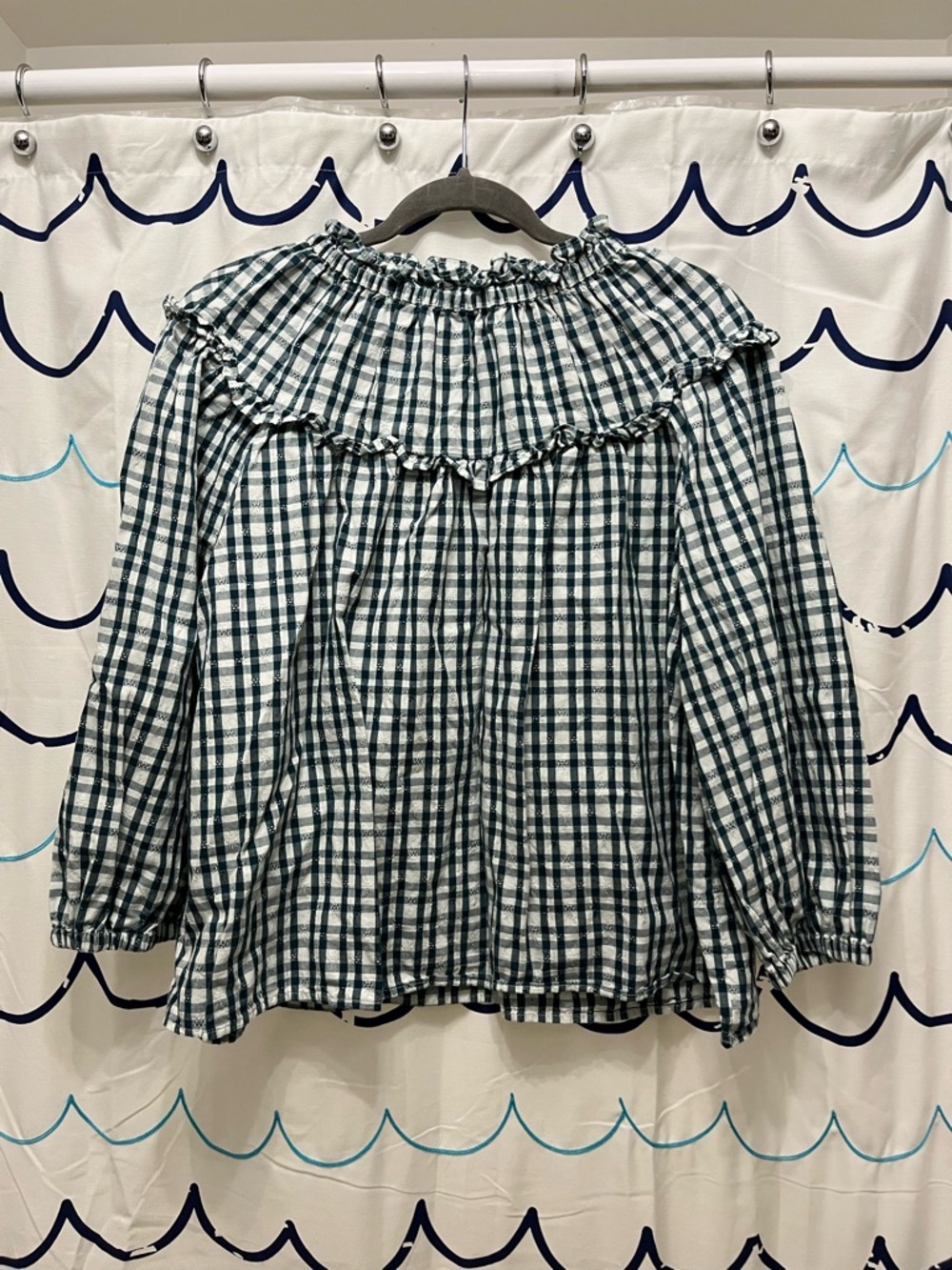 Universal Thread Green and White Plaid Ruffle Yoke Blouse